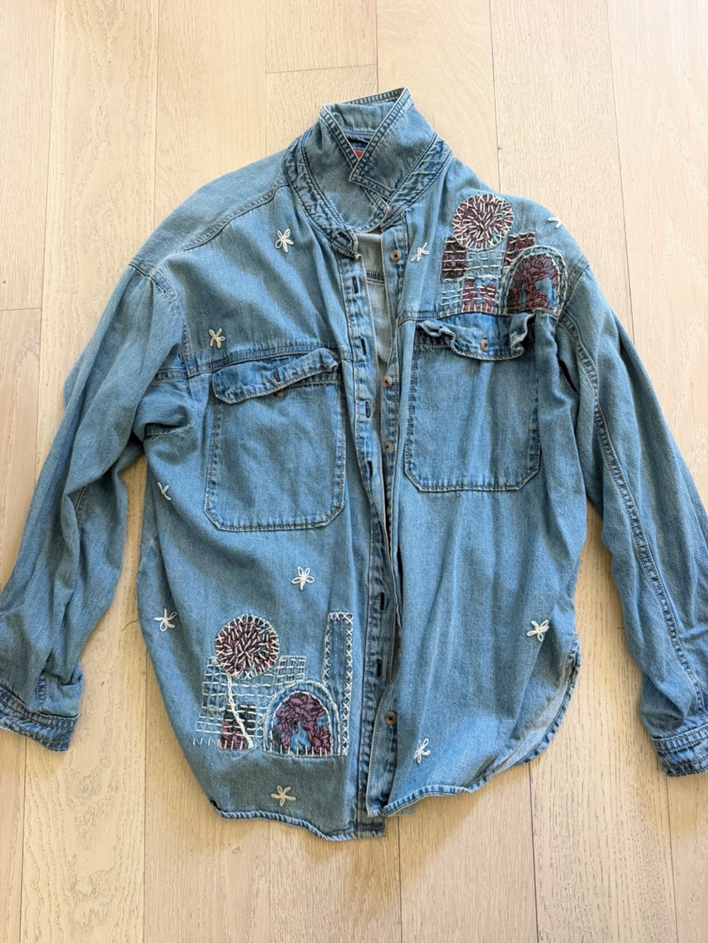 Pilcro Blue Embroidered Denim Button-Front Shirt